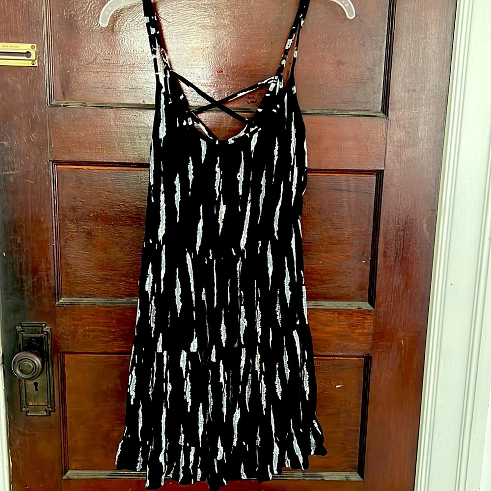 Flowy black dress with blue “ tie dye“ stripes